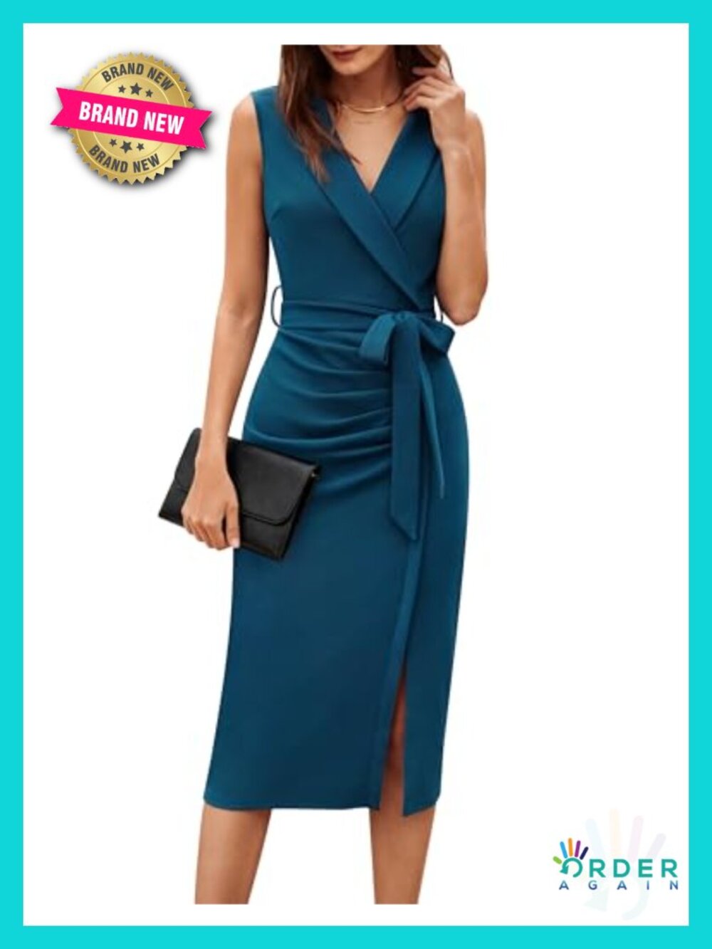 Womens Sleeveless Ruched Bodycon Work Midi Dress with Belt